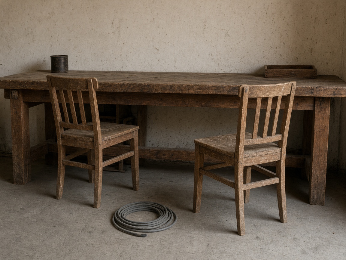 Two wooden chairs at a bench with one coiled cable between them.