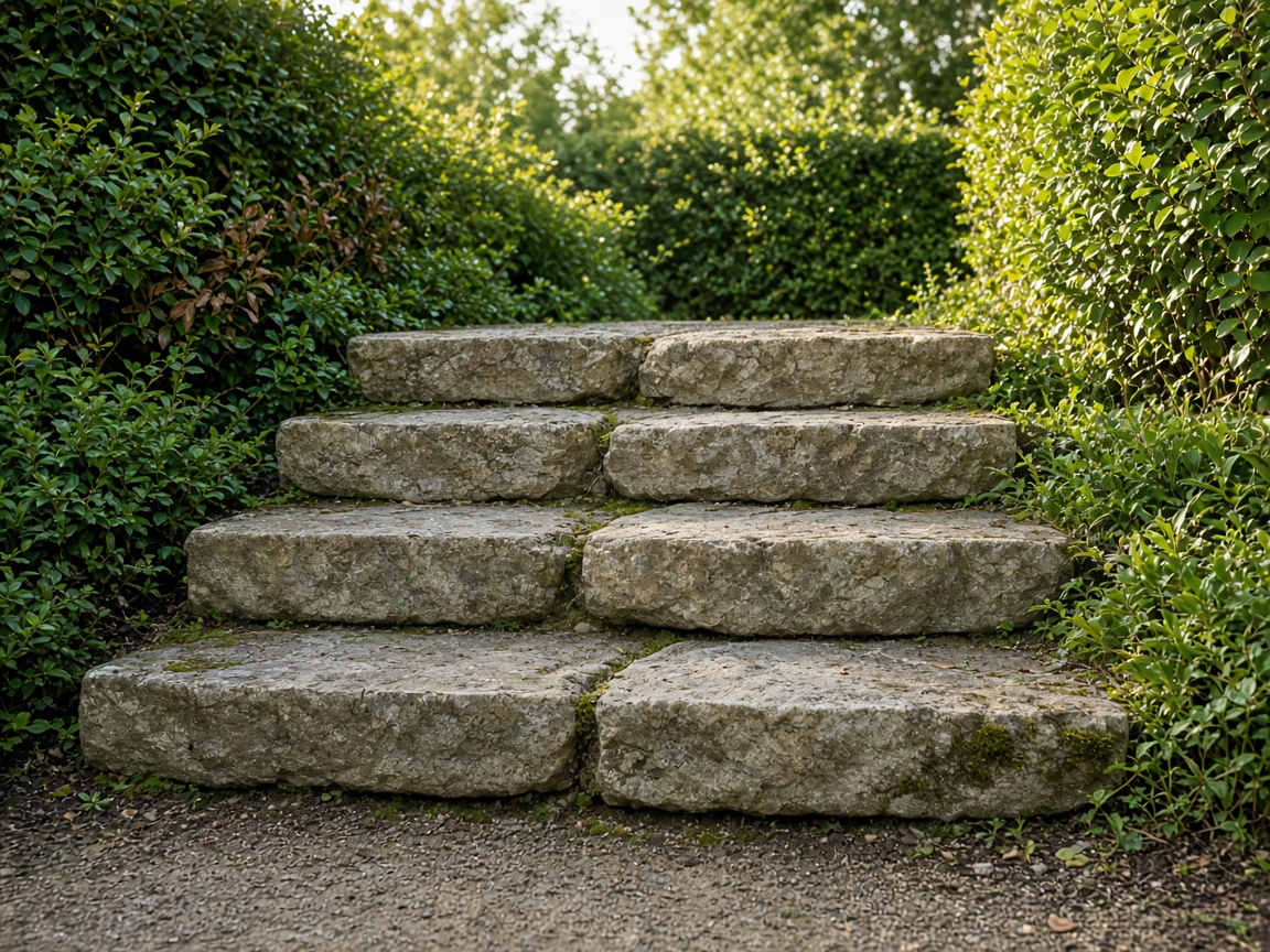 A stone garden path with three wide unmarked steps in morning light.