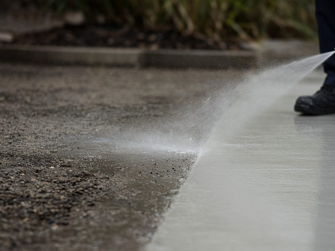 The real edge where washer spray meets still-dirty concrete.