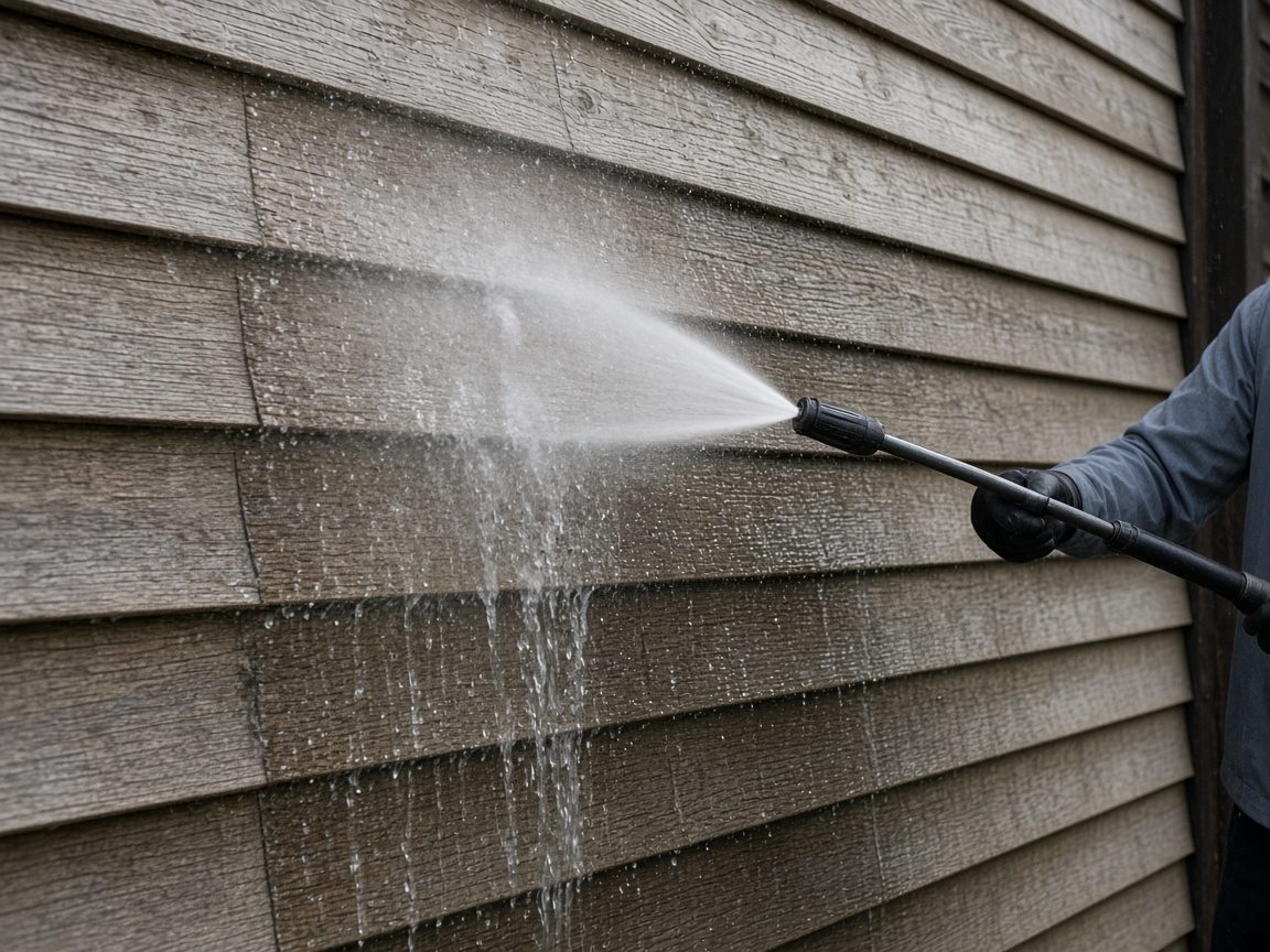 A gentle rinse sheeting down wood siding, the wand held back.