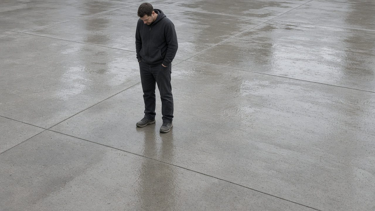 An owner in plain clothes looking at a freshly wet driveway, the machine's brand out of frame.