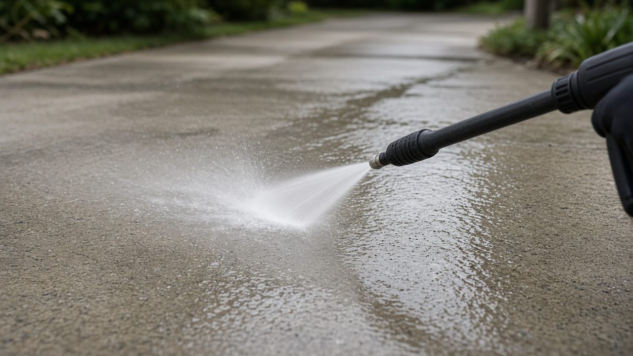 A washer wand rinsing a concrete driveway, the machine out of frame.