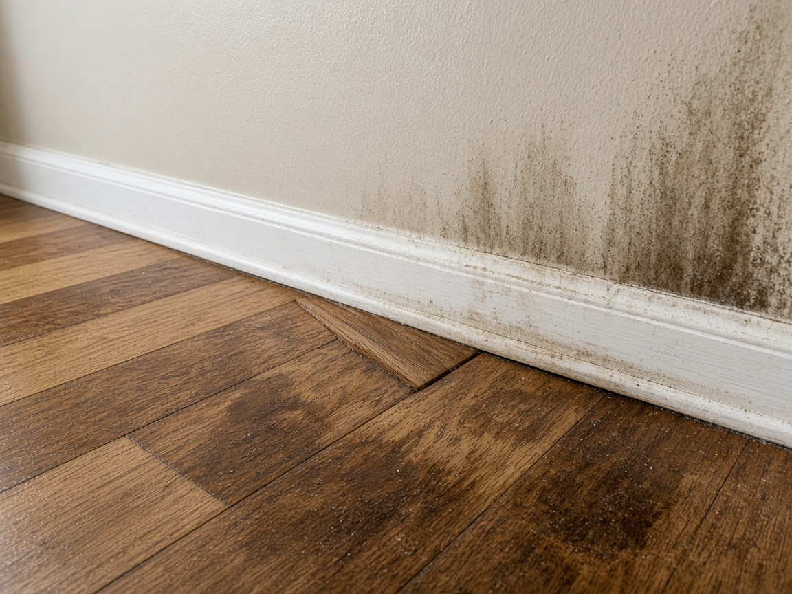 A buckled hardwood board sits against a baseboard under a dark water stain on the wall.