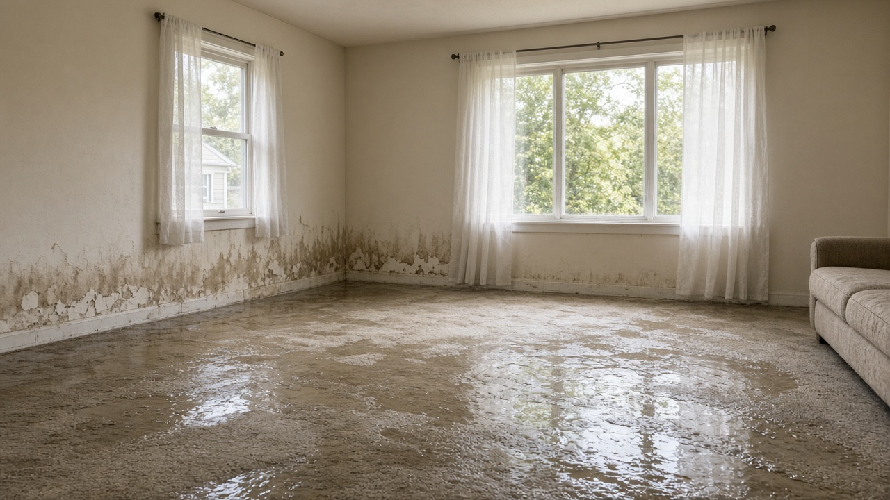 A living room has standing water on the floor and water stains climbing the lower walls.