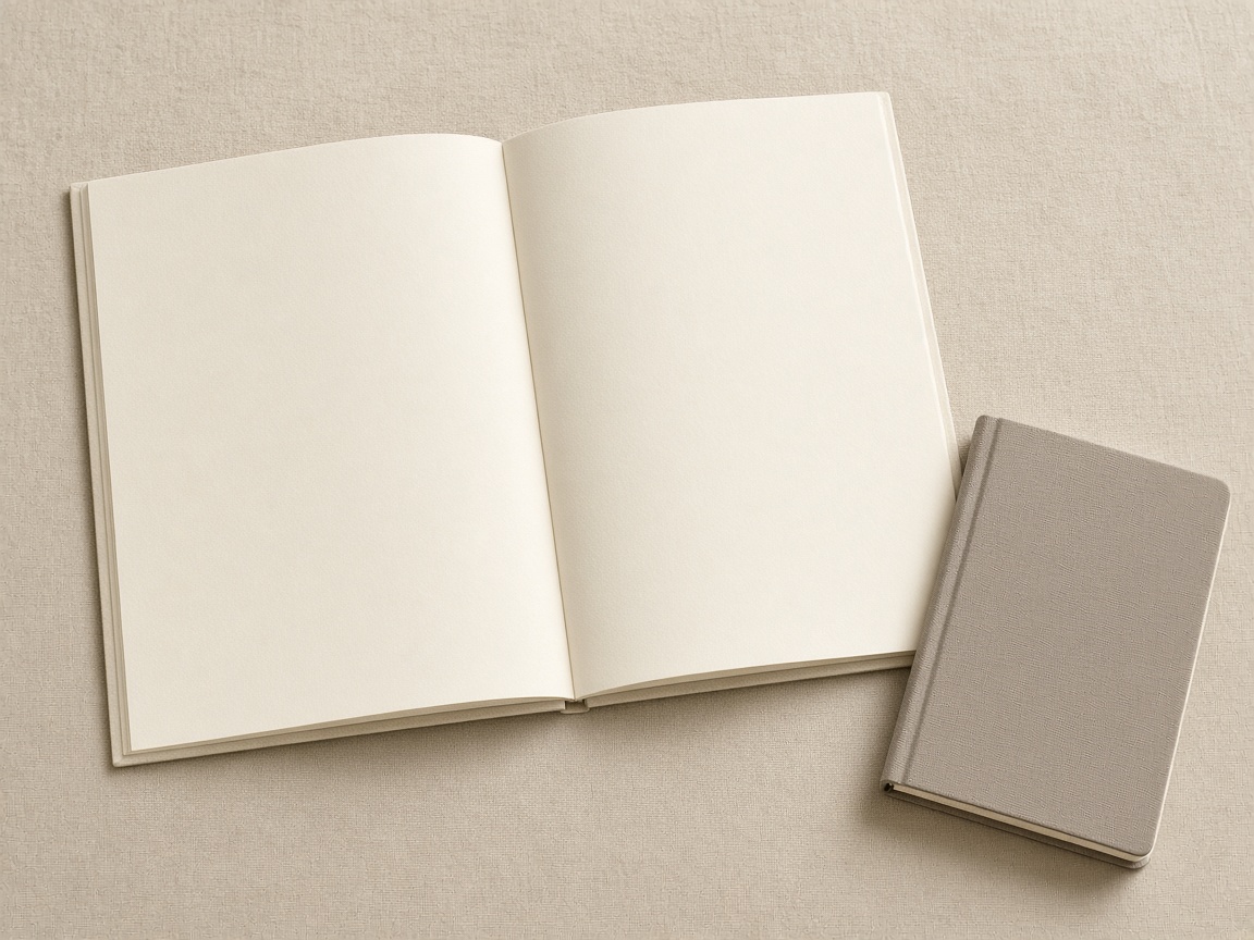 An open booklet shows empty pages beside a small closed notebook.