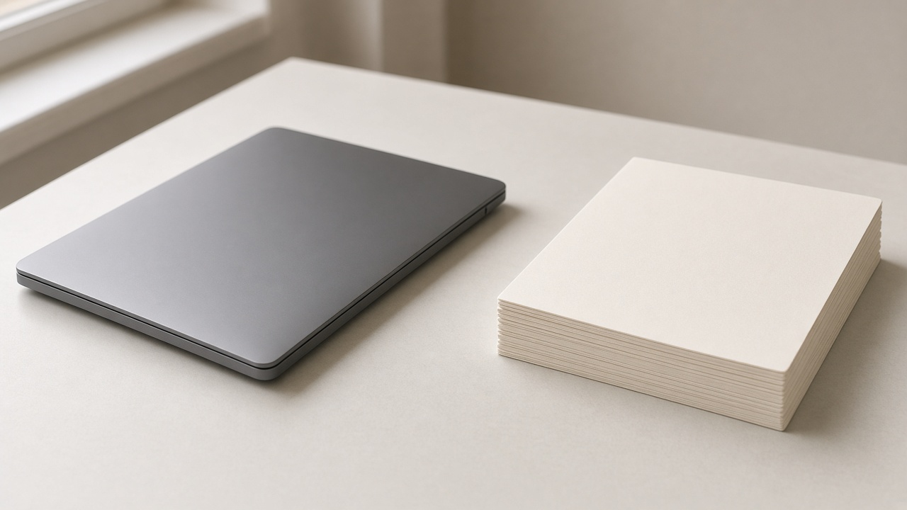 A closed laptop sits beside a stack of completely blank paper booklets.
