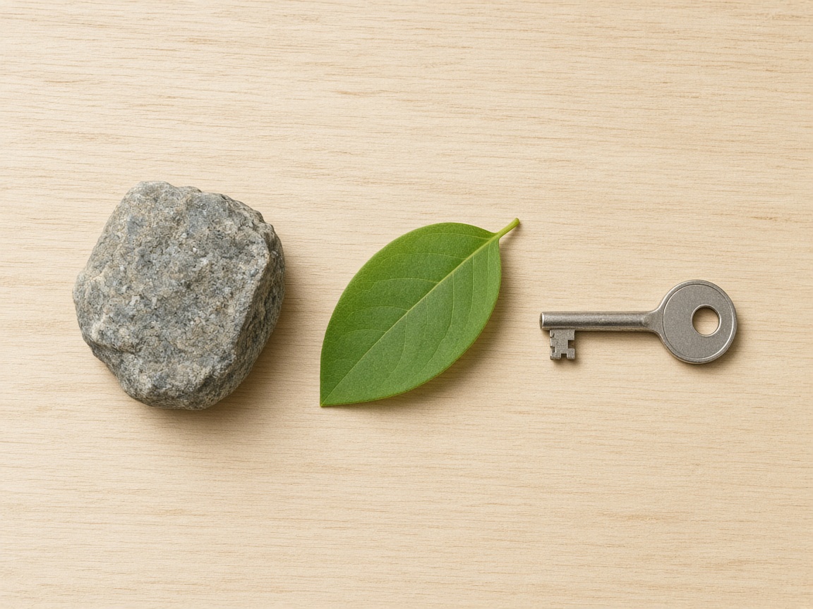 A stone, a green leaf, and a plain key lie in a row on pale wood.