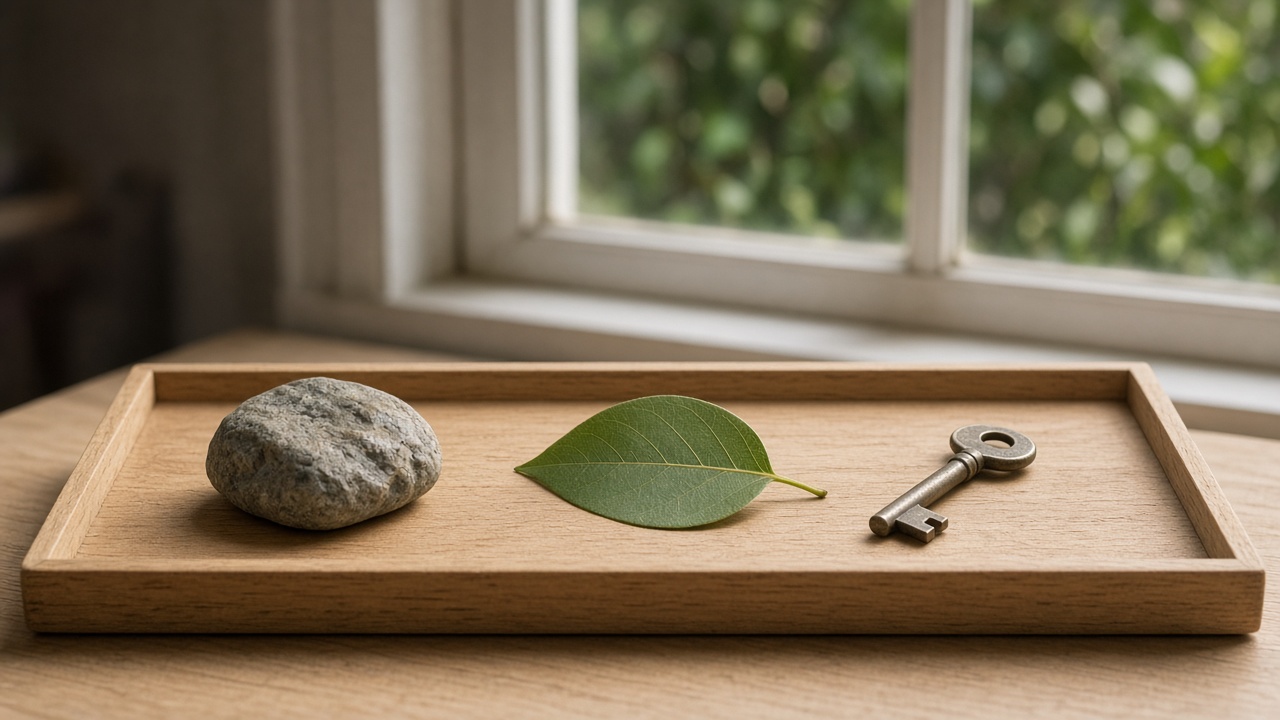 A shallow board on a morning desk holds a stone, a leaf, and a plain key.