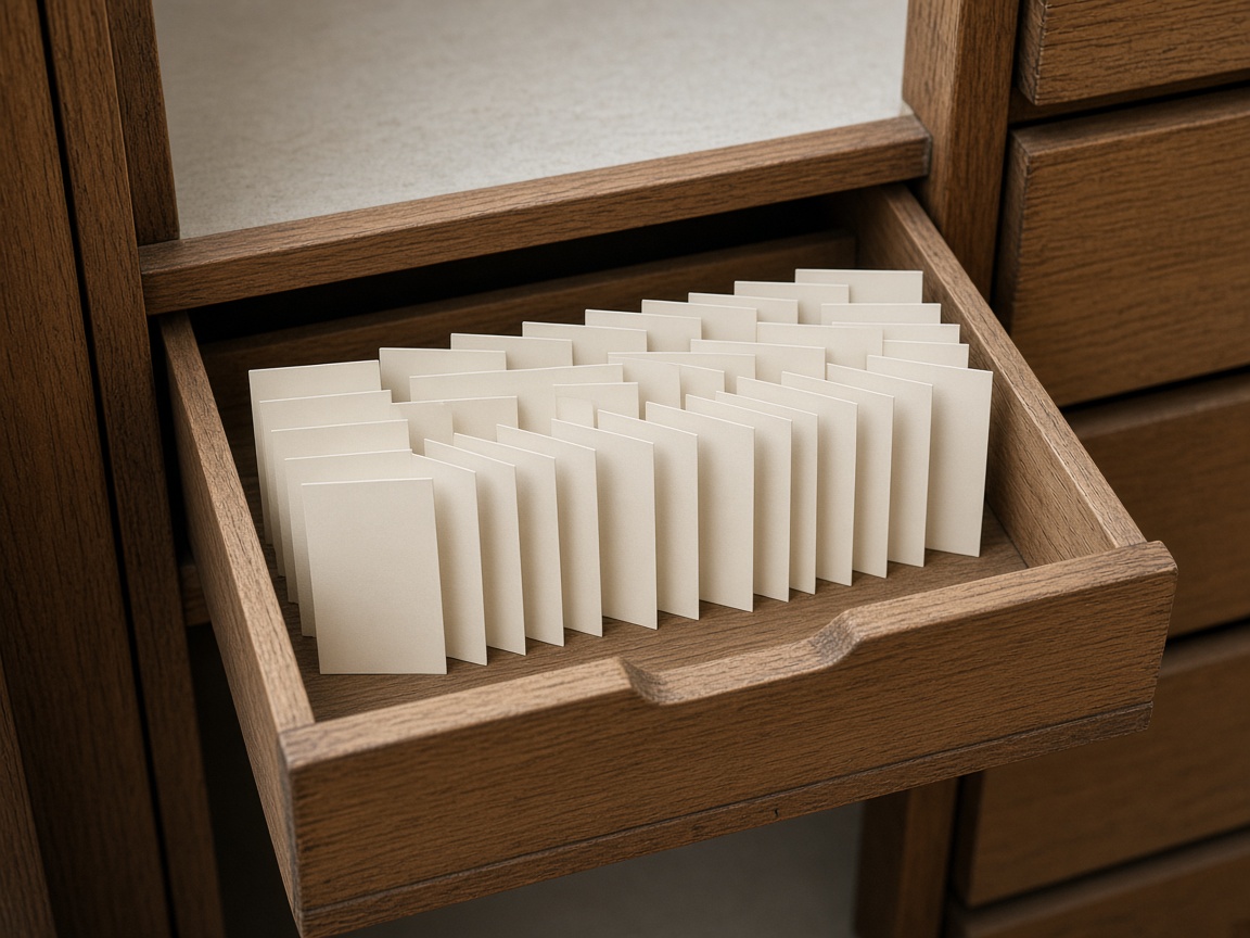 Blank cards stand in a single row inside an open wooden file drawer.