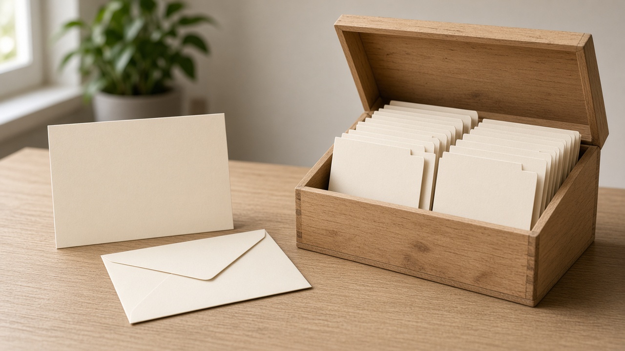 A blank card, a closed envelope, and a wooden card file sit in a row.