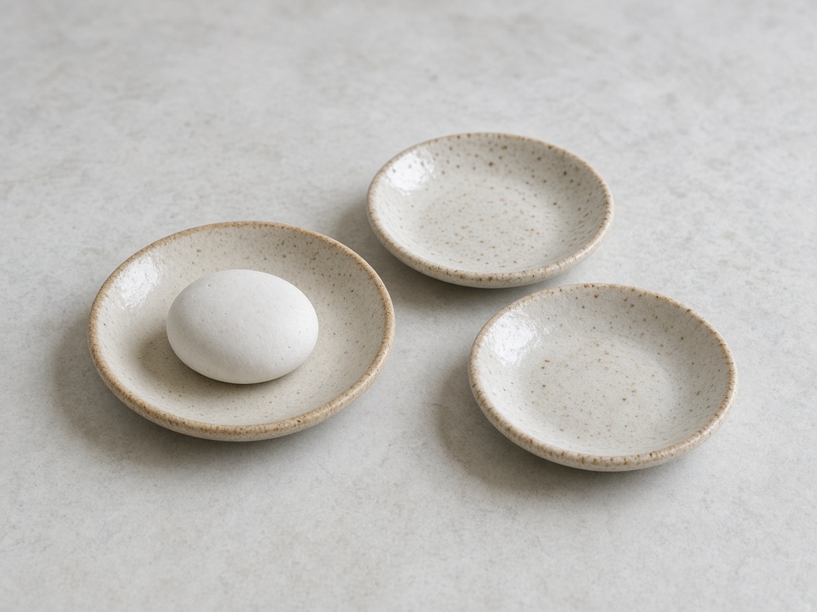 One white stone sits in a small dish beside two empty dishes.
