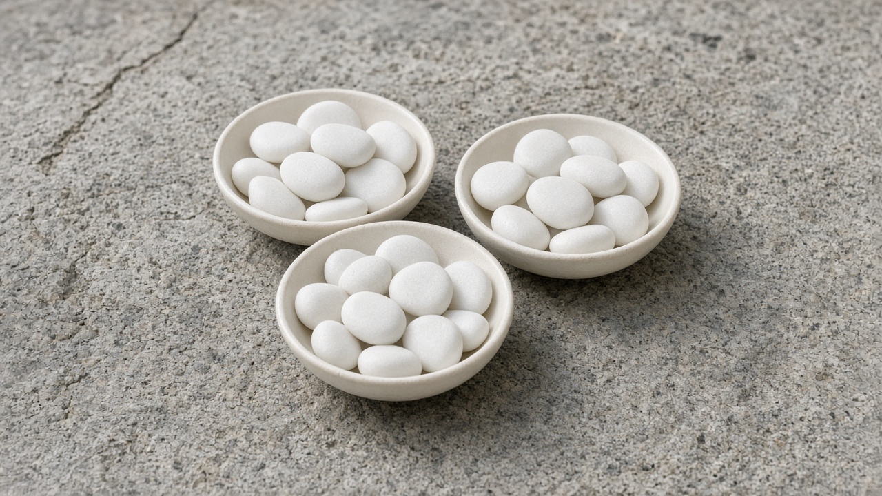 Three shallow bowls hold the same kind of white stones on a stone table.