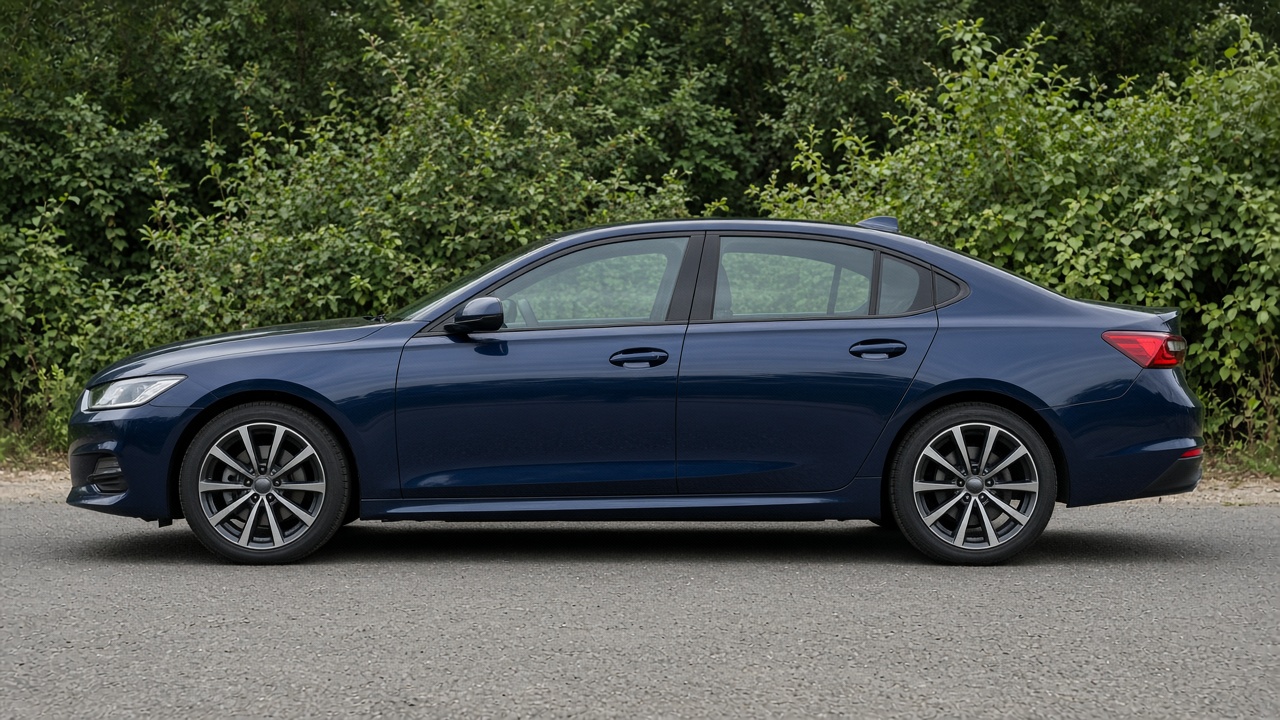 Side profile of an unmarked dark blue sedan on asphalt, with dense green shrubs behind it and no license plate visible.