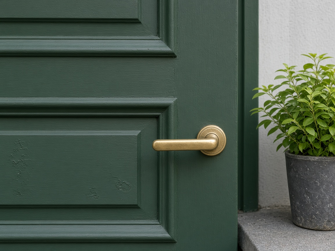 A brass door handle is mounted on a green paneled door next to a leafy plant in a gray pot.