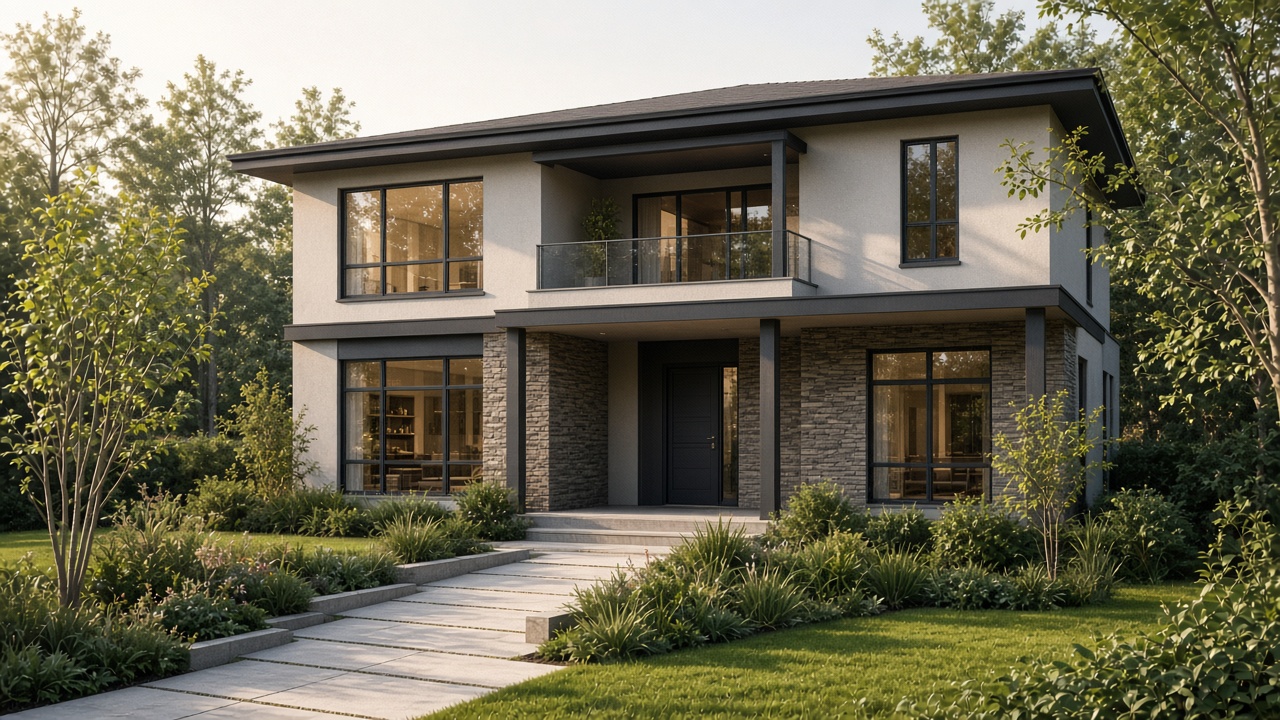 A two-story modern house with stone and large windows faces a stone path through a green garden.