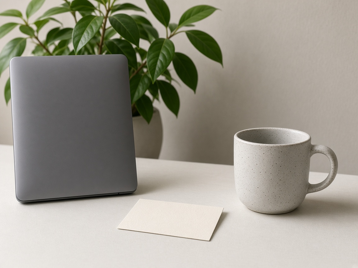 A closed laptop stands beside a blank card and a mug, with a plant behind it.