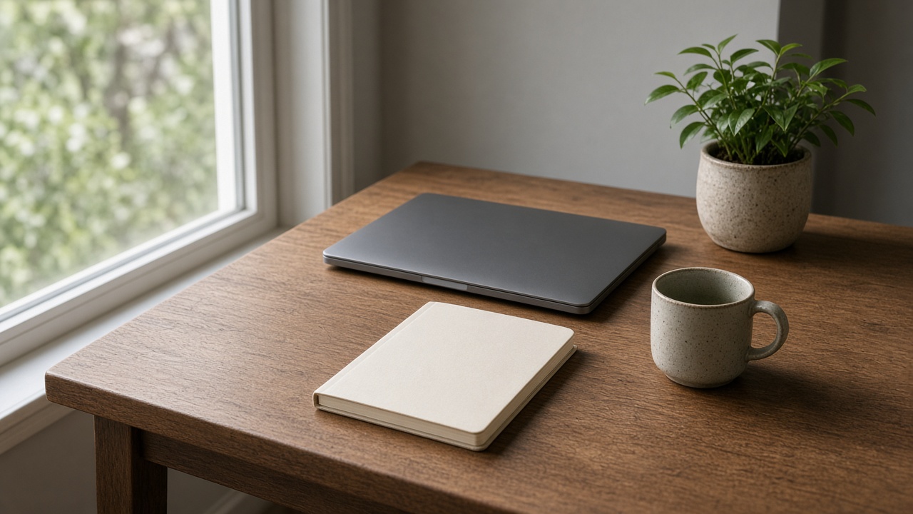 A closed laptop, a blank notebook, a white mug, and a small plant sit on a wooden desk.