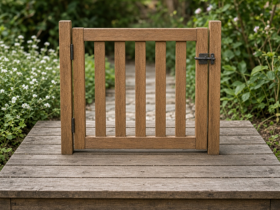 A small wooden gate stands closed across a narrow path on a table.