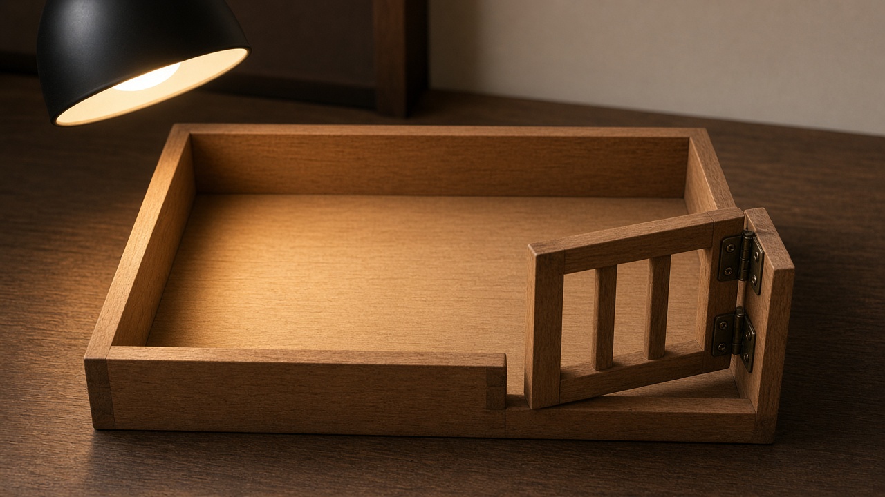 A desk lamp lights one empty wooden tray, with a small wooden gate across it.