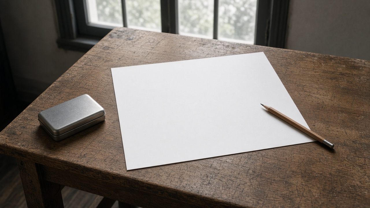 A blank sheet and a pencil lie beside a small closed metal case on a drafting table.