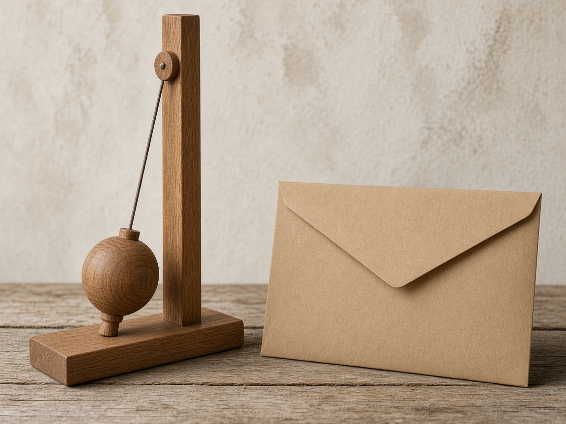 A plain wooden pendulum with no dial stands beside a sealed blank envelope.