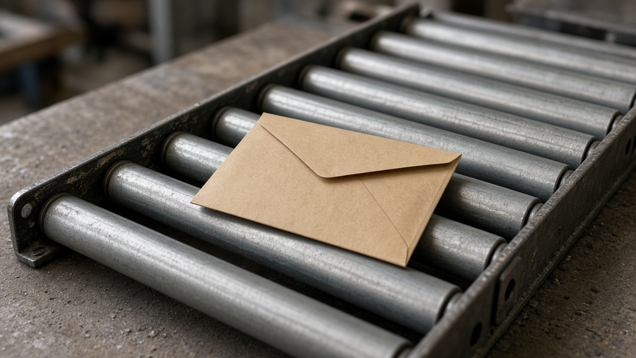 A small sealed envelope with no writing rests on wooden rollers.