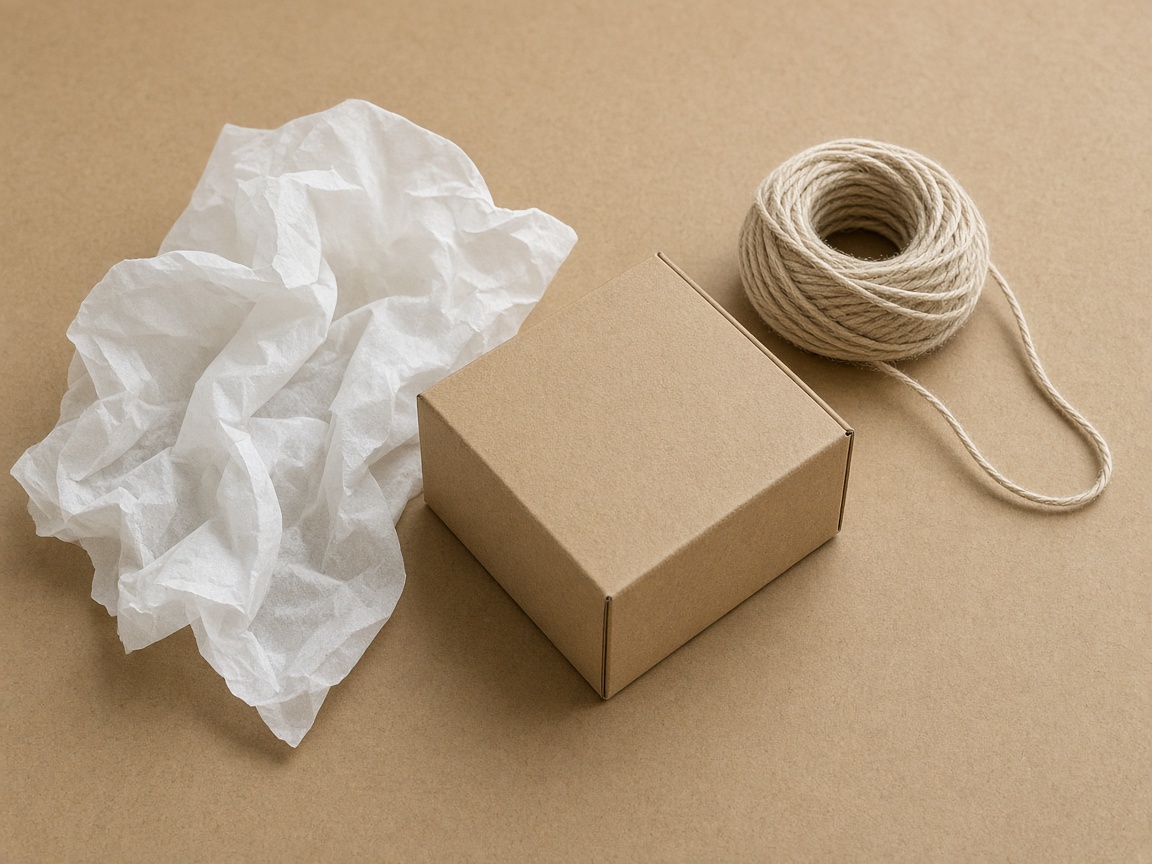 Twine, tissue, and a small plain box are arranged on kraft paper.