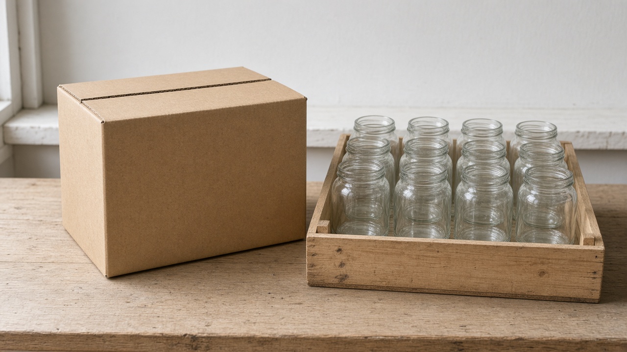 A plain shipping box and a wooden tray of unmarked jars share a packing table.