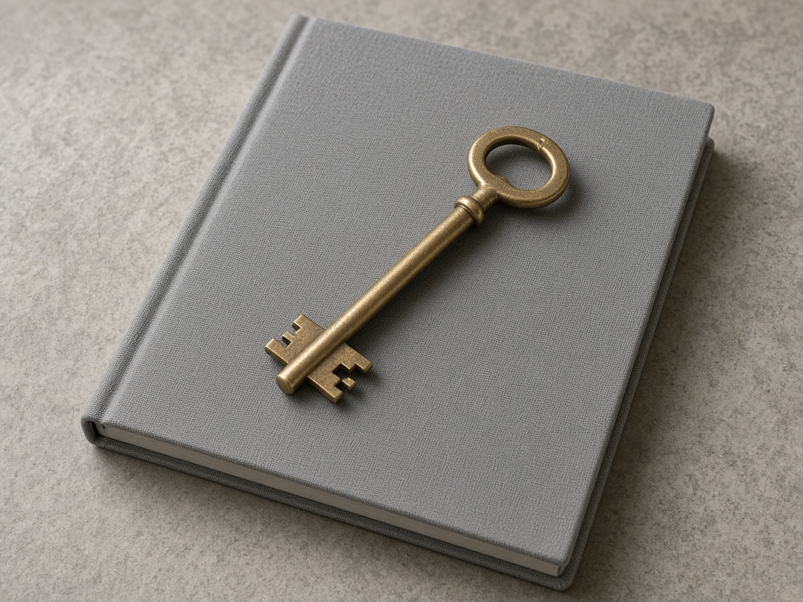 A plain brass key with no numbers lies on a closed gray notebook.