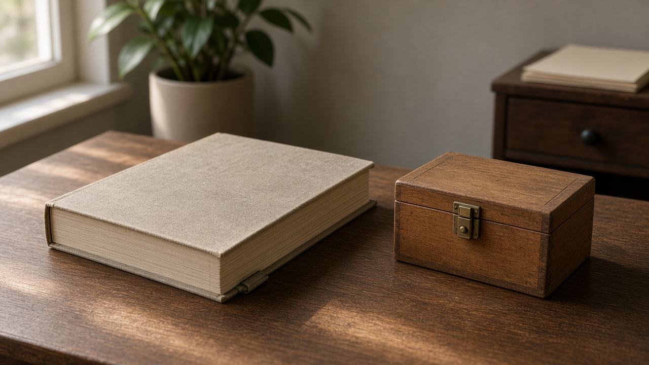 A closed cloth-bound ledger sits beside a small wooden lockbox on a desk.