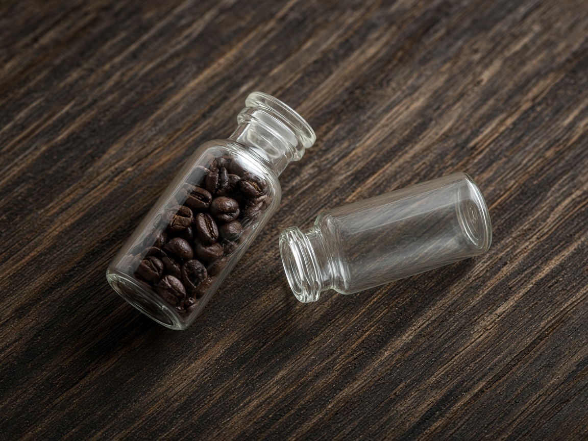 A sealed vial of coffee beans lies beside an open empty vial.