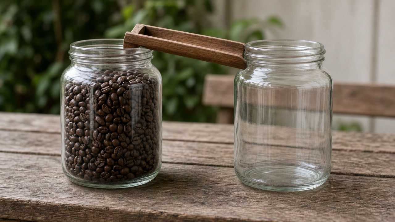 Coffee beans sit in one jar, a wooden chute bridges to an empty jar.