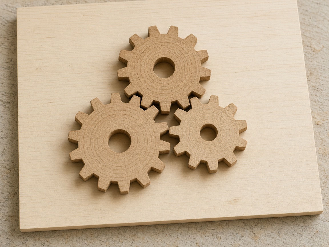Three plain wooden gears mesh on a pale board.