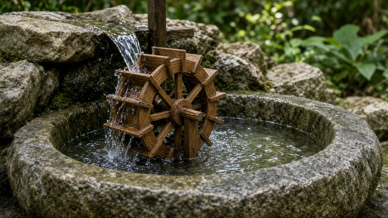 A small wooden water wheel turns in a shallow stone basin.