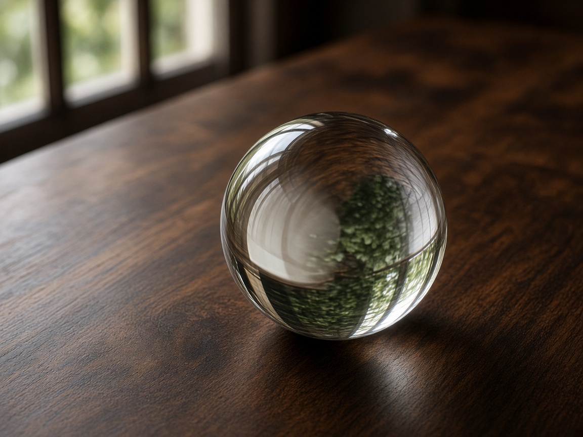 A clear glass paperweight rests on dark walnut.