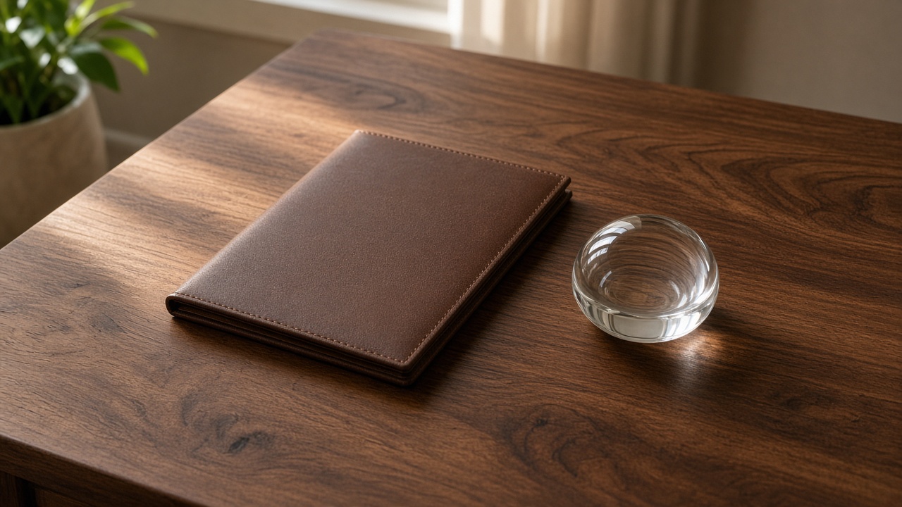 A closed leather folder and a clear glass paperweight sit on a walnut desk.