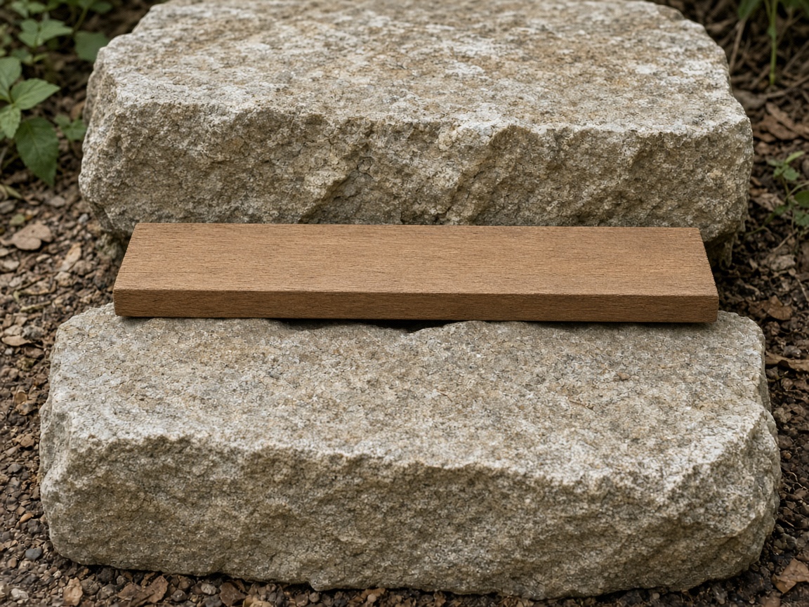 A smooth wooden piece bridges two stone steps.