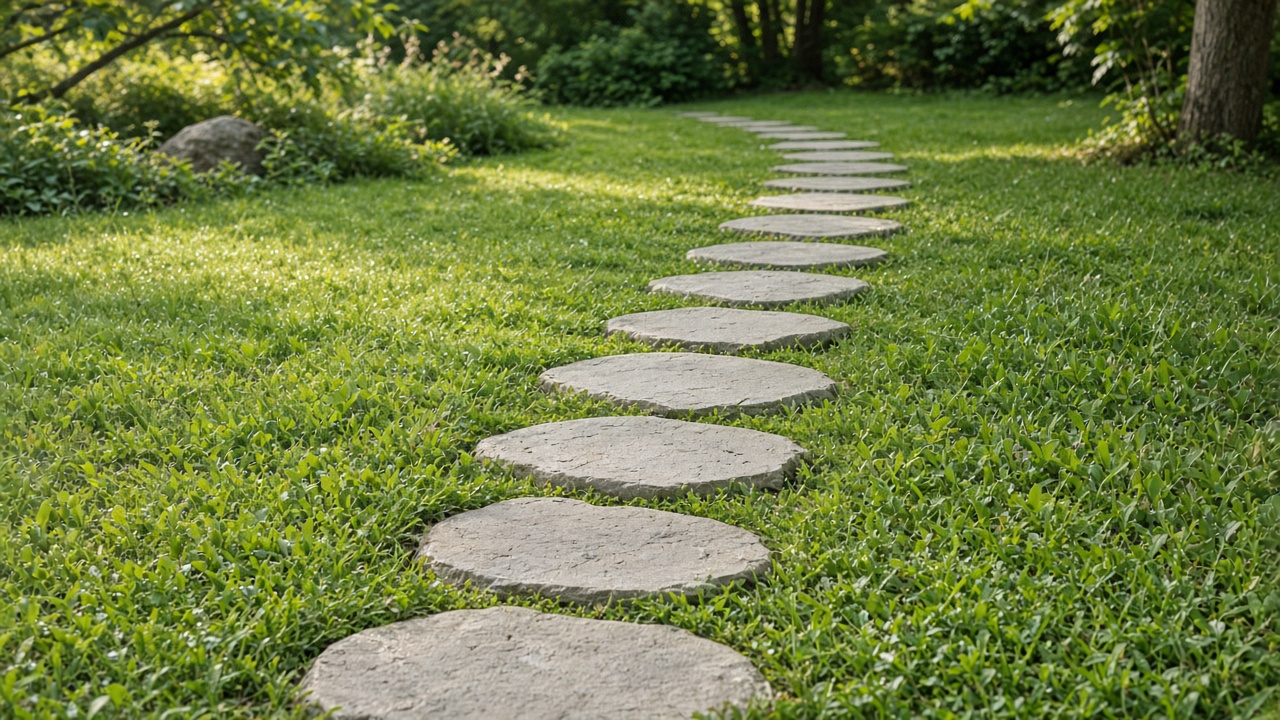 Flat stepping stones make a continuous path through low grass.