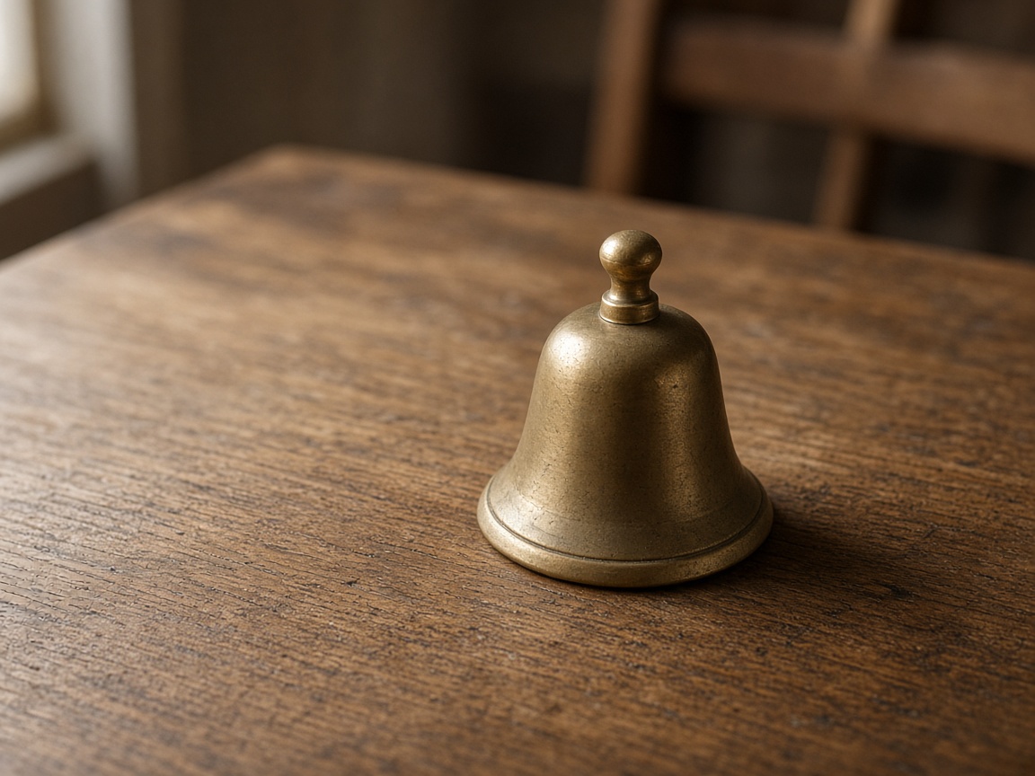 A small brass bell with no engraving sits alone on a wooden desk.