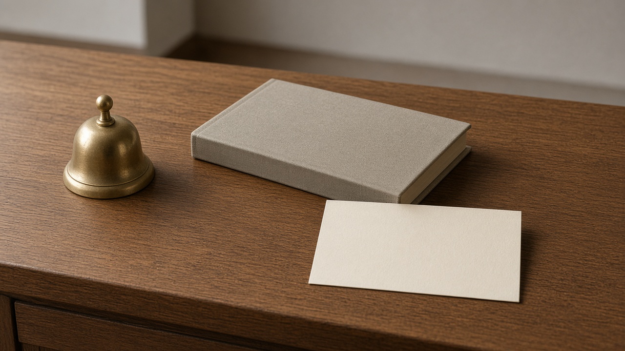 A brass bell, a closed book, and a blank card share a wooden desk.