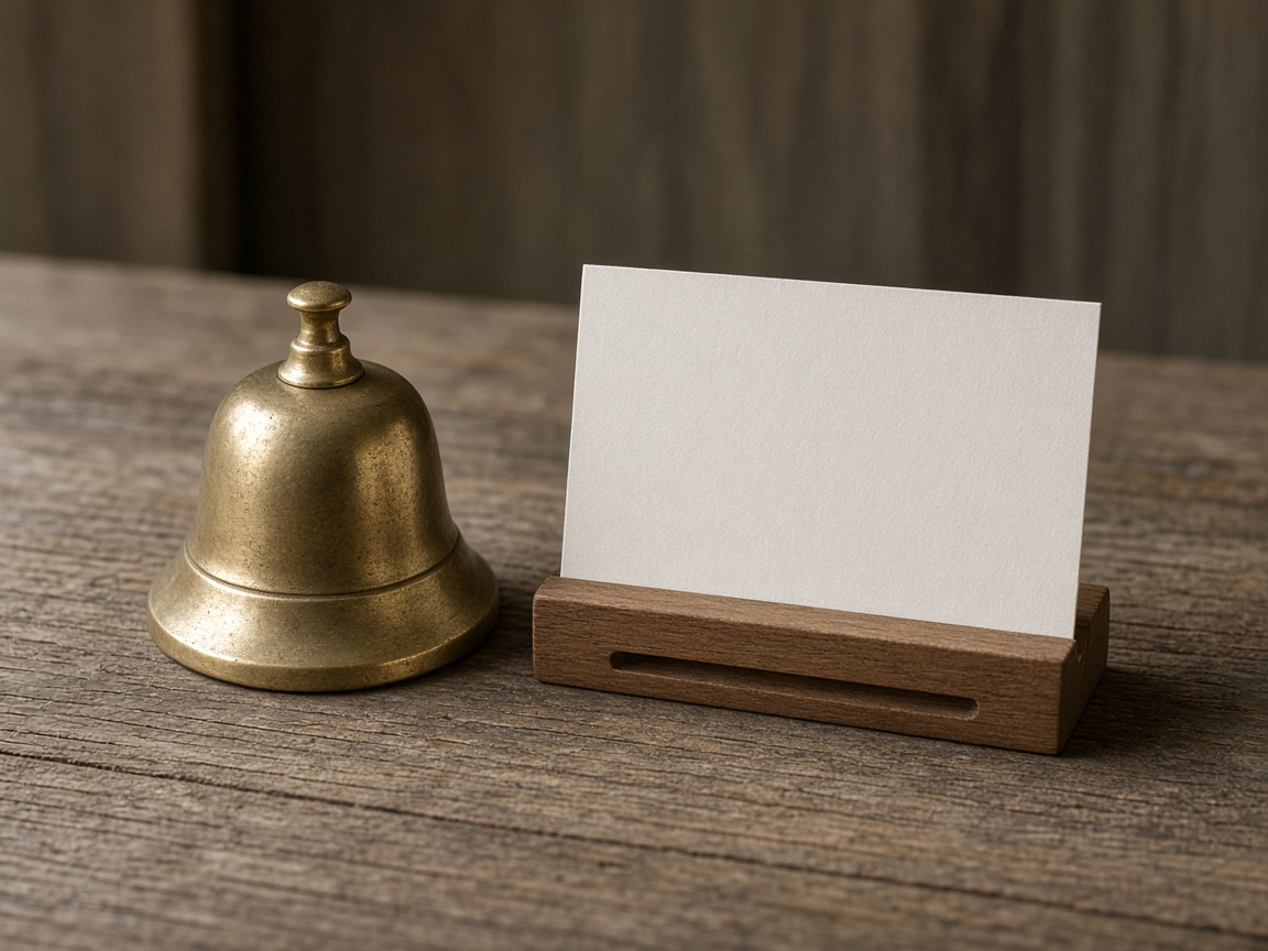 A plain brass bell sits beside one blank card in a wooden holder.