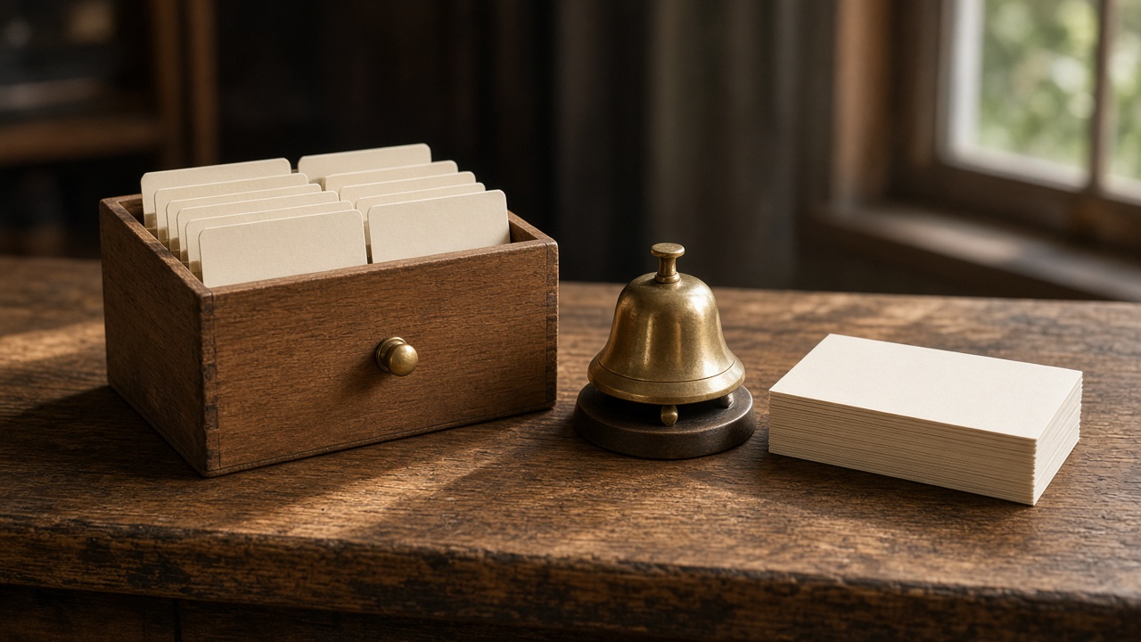 A wooden card file, a plain brass bell, and blank cards share a desk.