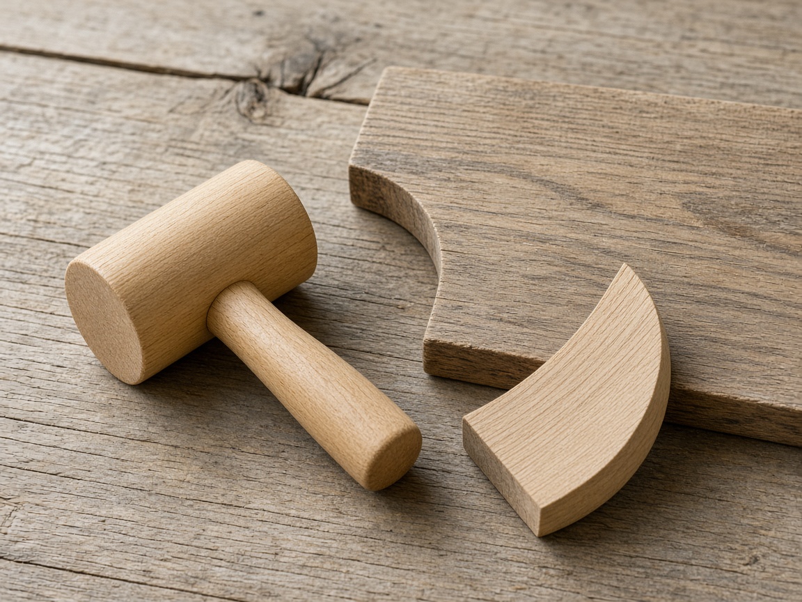 A wooden mallet lies beside an offcut that fits one notch in a board.