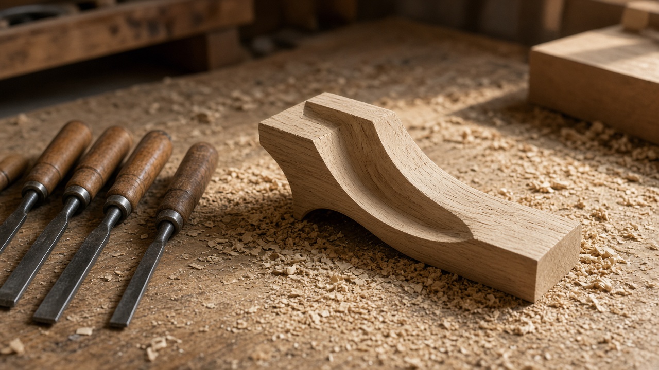 Chisels and an unfinished wooden piece with one specific curve rest on a bench.