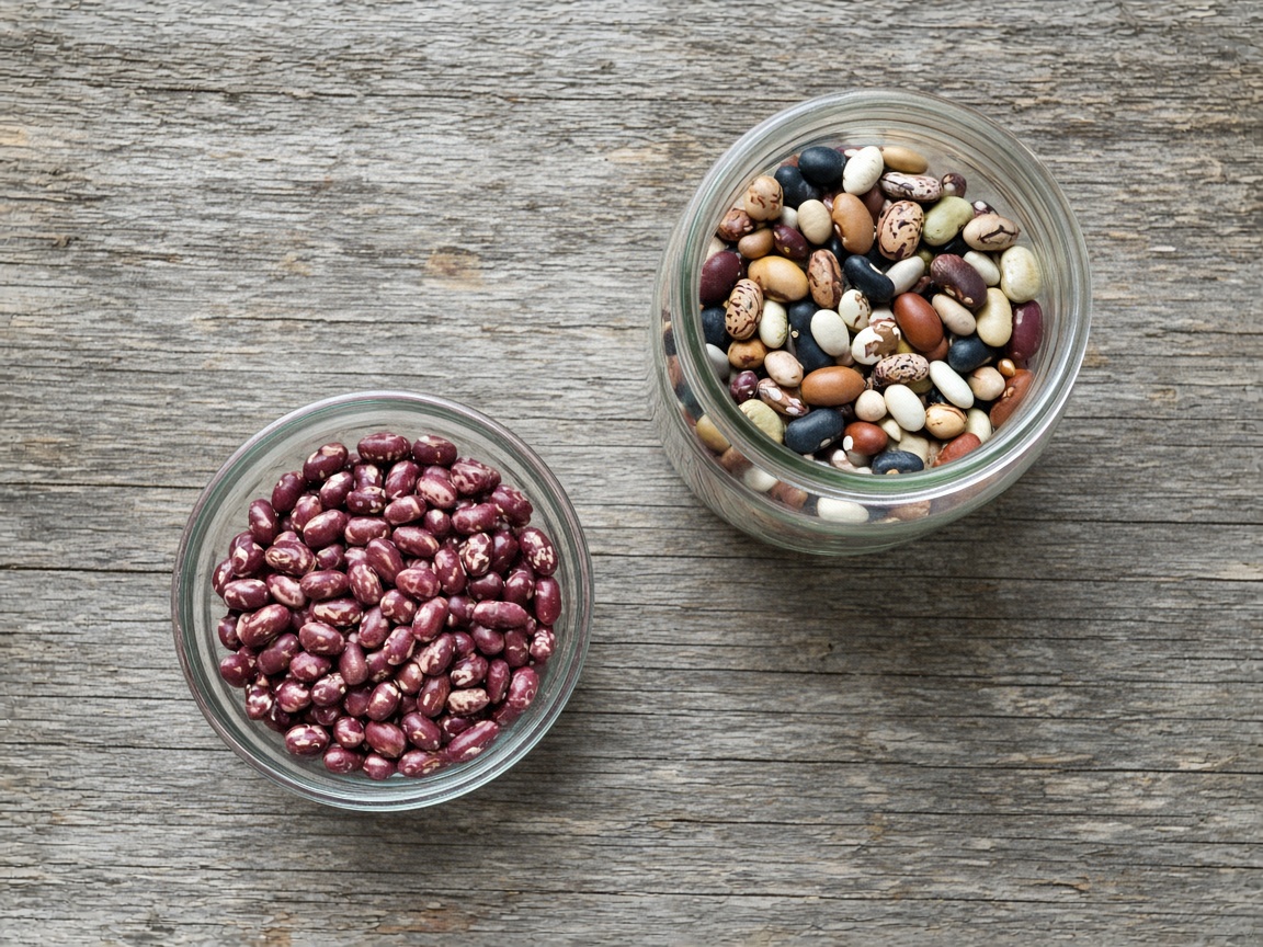 A small bowl of sorted beans sits beside a larger jar of mixed beans.