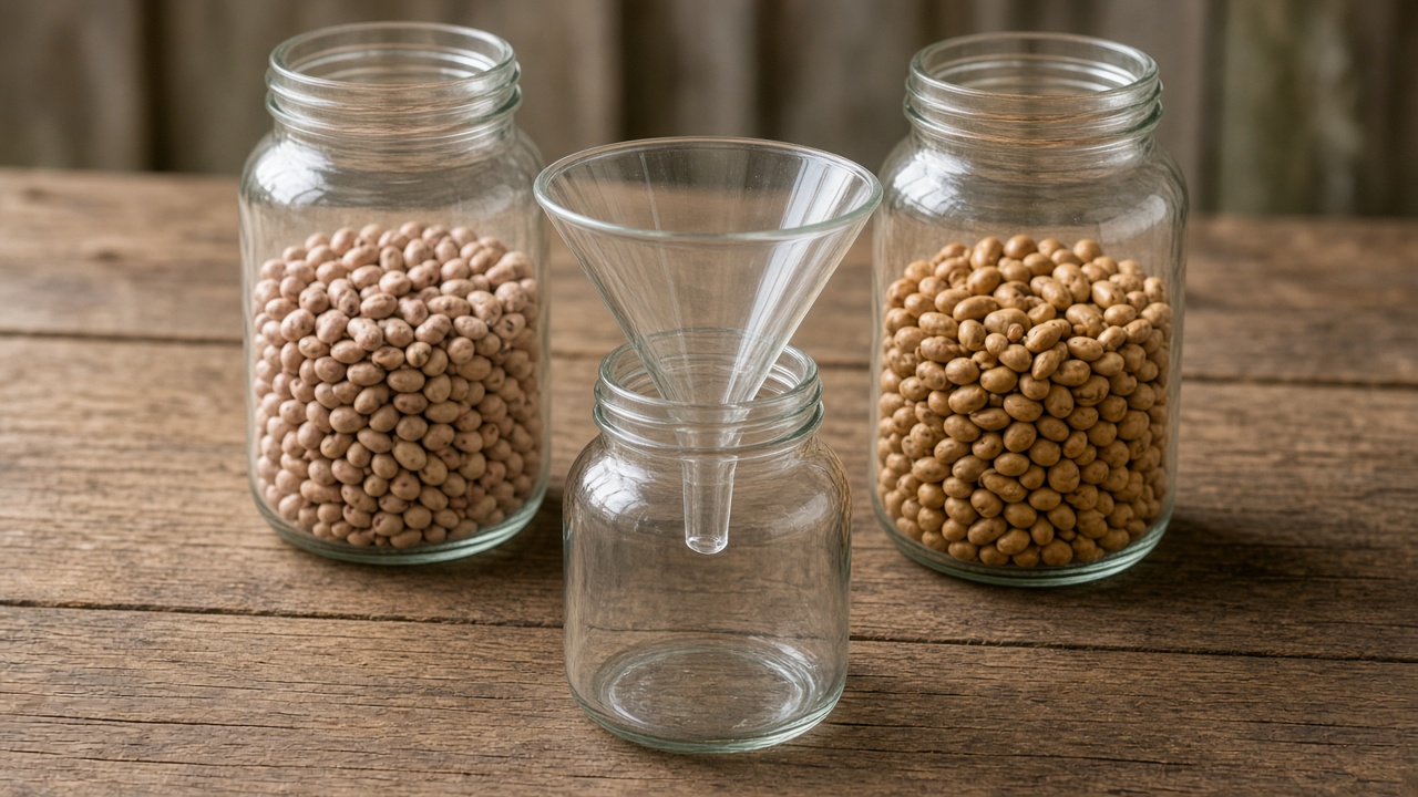 Two jars of beans sit with a glass funnel leading toward a larger jar.