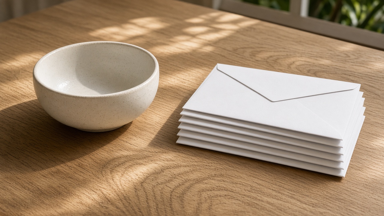 An empty ceramic bowl sits beside a stack of blank envelopes.