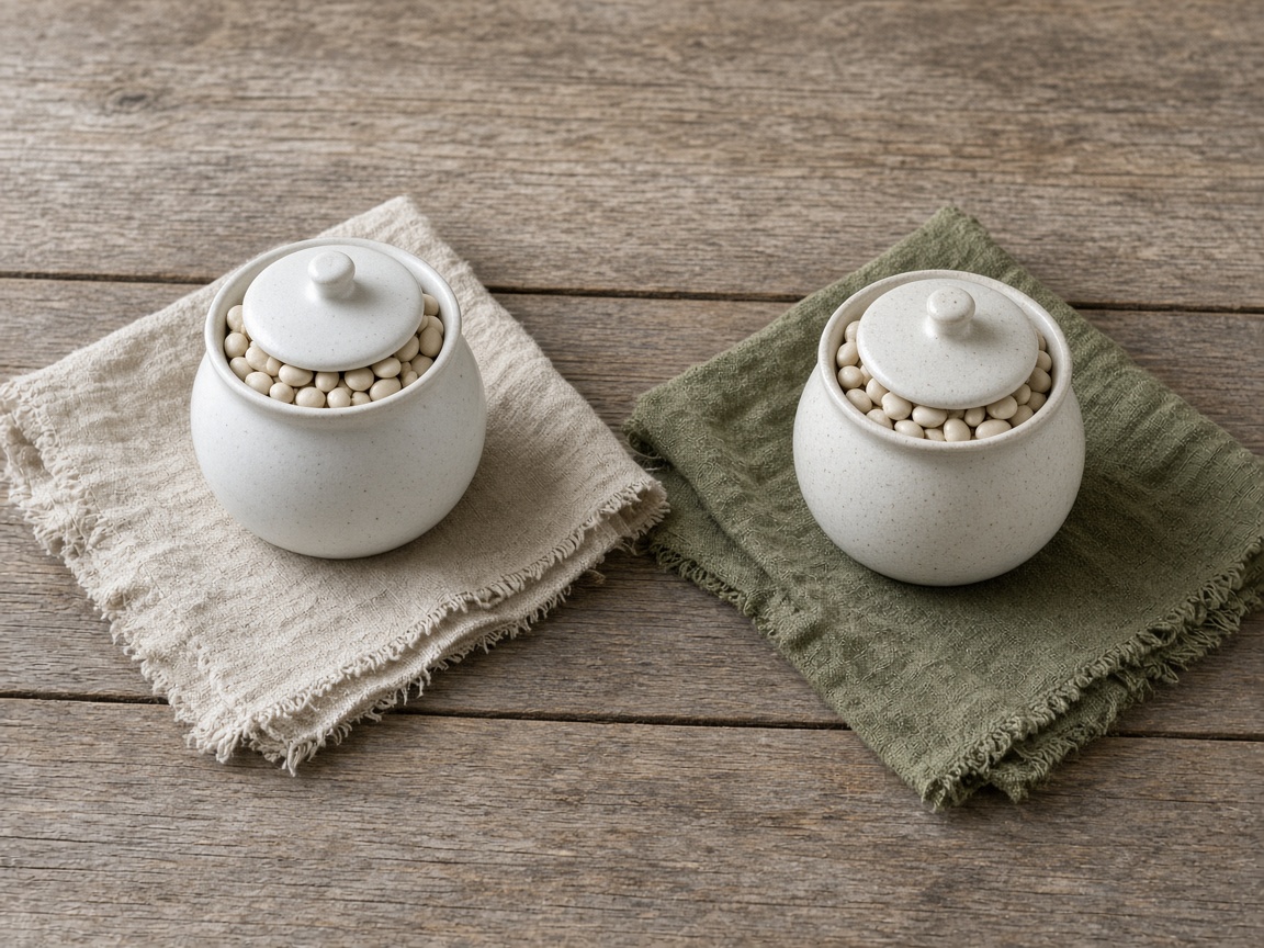 Two lidded jars of white beans rest on separate cloths with a gap between them.