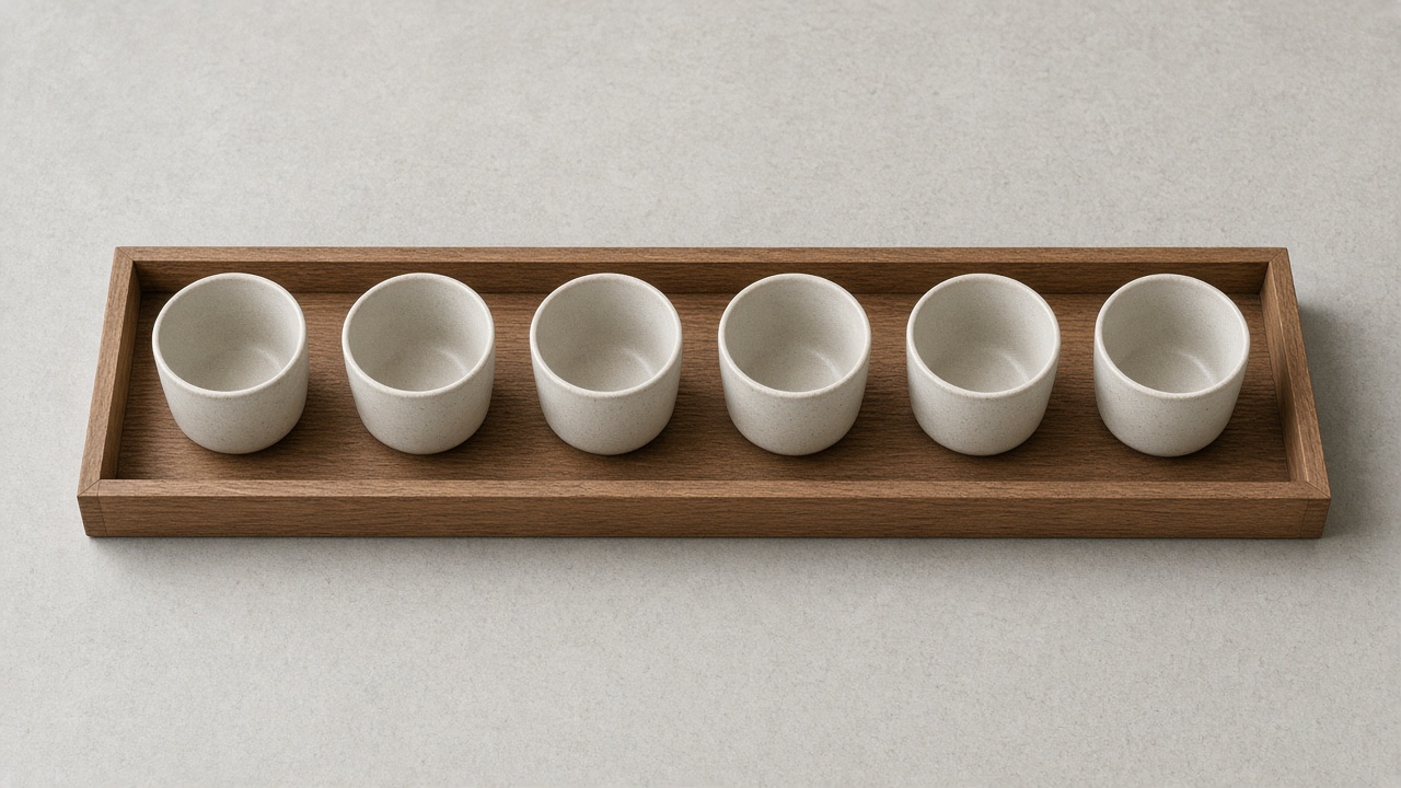 Six identical empty cups sit apart on a single wooden tray.