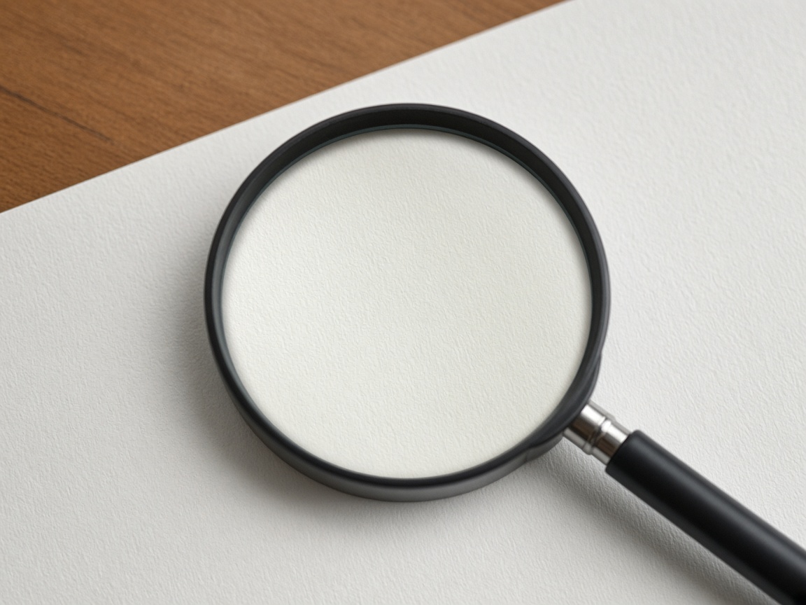 A magnifying glass shows the texture of blank paper and nothing written.